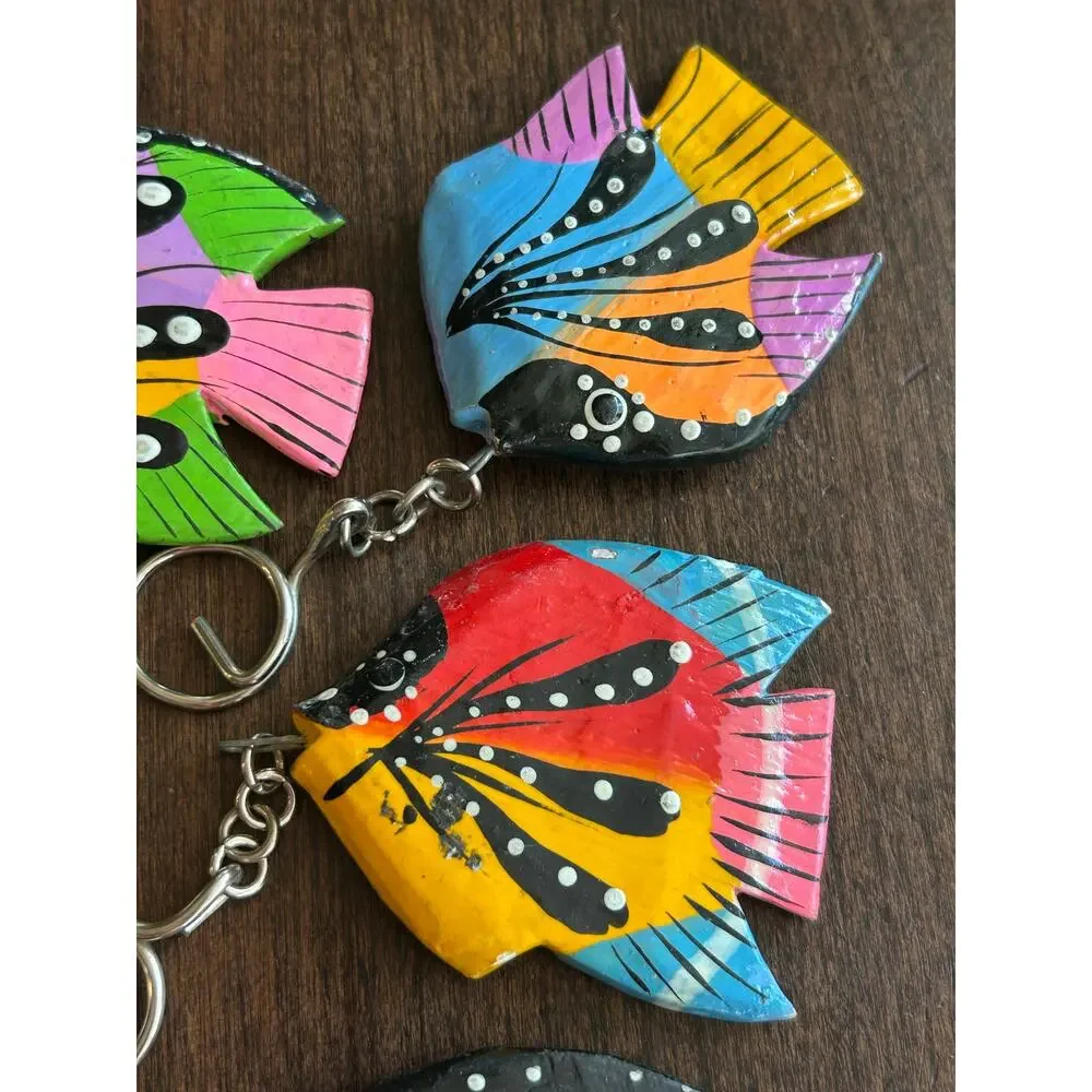 10 vintage hand-painted wooden tropical fish key chains ornaments